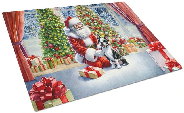 Main image of NEW Boston Terrier and Santa Claus Glass Cutting Board Decorative Tempered Glass Kitchen Cutting and Serving Board Large Size Ch