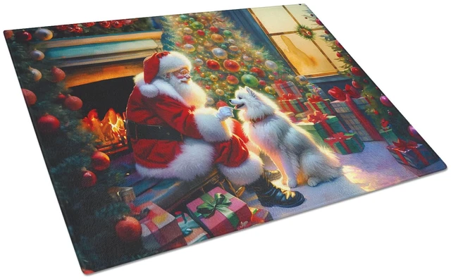 Main image of American Eskimo and Santa Claus Glass Cutting Board Decorative Tempered Glass Kitchen Cutting and Serving Board Large Size Chopp