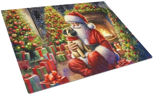 Main image of NEW Fawn Pug and Santa Claus Glass Cutting Board Decorative Tempered Glass Kitchen Cutting and Serving Board Large Size Chopping