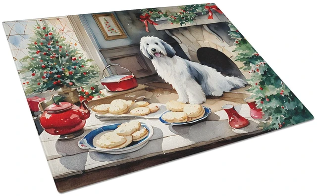 Main image of NEW Old English Sheepdog Christmas Cookies Glass Cutting Board Decorative Tempered Glass Kitchen Cutting and Serving Board Large