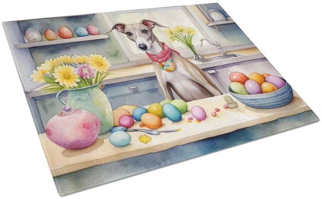 Main image of NEW Decorating Easter Whippet Glass Cutting Board Decorative Tempered Glass Kitchen Cutting and Serving Board Large Size Choppin