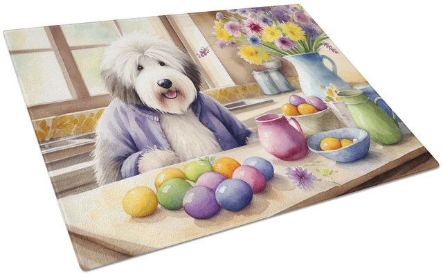 Main image of NEW Decorating Easter Old English Sheepdog Glass Cutting Board Decorative Tempered Glass Kitchen Cutting and Serving Board Large