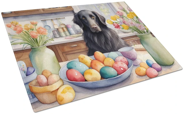 Main image of NEW Decorating Easter FlatCoated Retriever Glass Cutting Board Decorative Tempered Glass Kitchen Cutting and Serving Board Larg