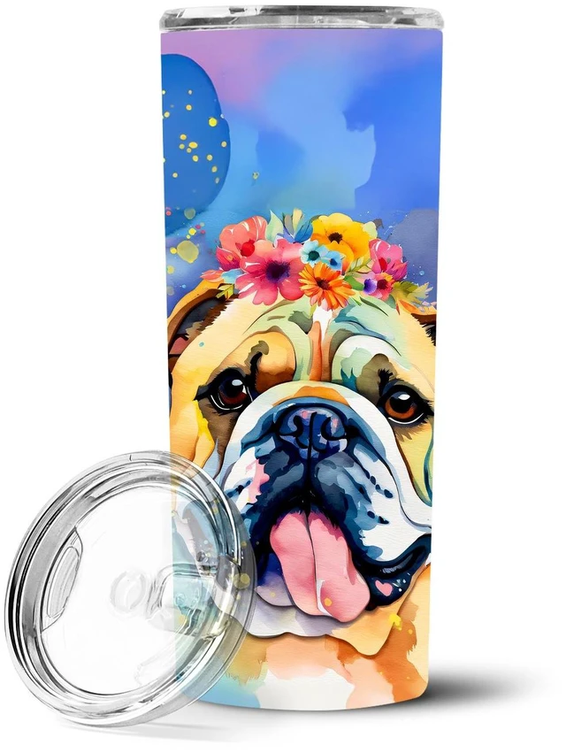Main image of English Bulldog Hippie Dawg Stainless Steel Skinny Tumbler Vacuum Double Walled Reusable Insulated Tumbler Travel Cup for Coffee