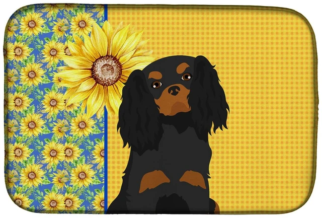 Main image of Summer Sunflowers Black and Tan Cavalier Spaniel Dish Drying Mat Absorbent Dish Drying Mat Pad for Kitchen Counter Dish Drainer