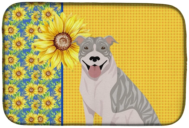 Main image of NEW Summer Sunflowers Blue Brindle Pit Bull Terrier Dish Drying Mat Absorbent Dish Drying Mat Pad for Kitchen Counter Dish Drain