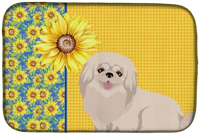 Main image of Summer Sunflowers White Pekingese Dish Drying Mat Absorbent Dish Drying Mat Pad for Kitchen Counter Dish Drainer Mat for Counter