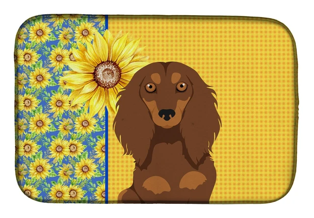 Main image of Summer Sunflowers Longhair Chocolate and Tan Dachshund Dish Drying Mat Absorbent Dish Drying Mat Pad for Kitchen Counter Dish Dr