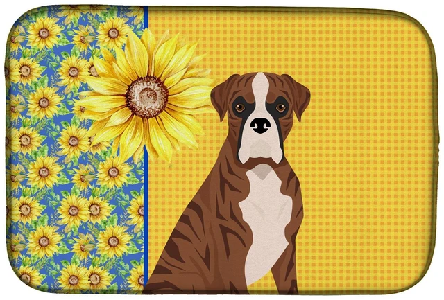 Main image of Summer Sunflowers Natural Eared Red Brindle Boxer Dish Drying Mat Absorbent Dish Drying Mat Pad for Kitchen Counter Dish Drainer