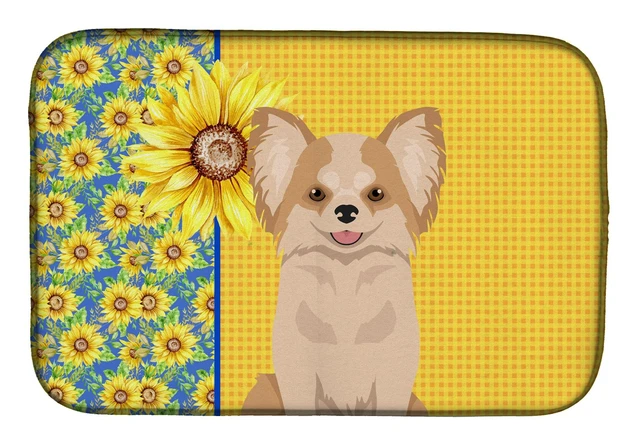 Main image of Summer Sunflowers Longhaired Gold and White Chihuahua Dish Drying Mat Absorbent Dish Drying Mat Pad for Kitchen Counter Dish Dra