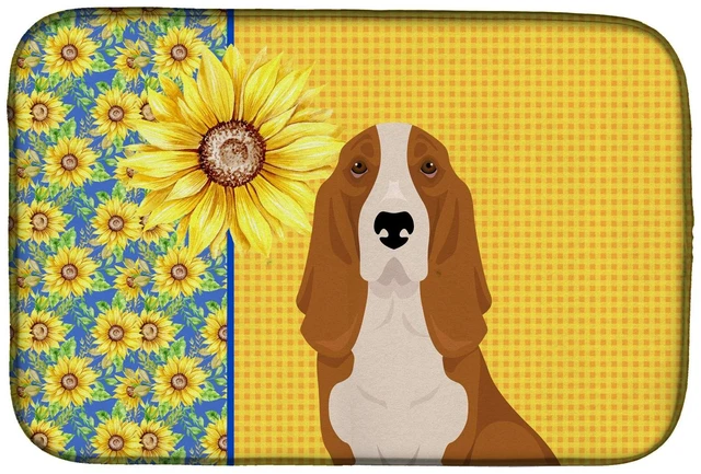 Main image of Summer Sunflowers Red and White Tricolor Basset Hound Dish Drying Mat Absorbent Dish Drying Mat Pad for Kitchen Counter Dish Dra