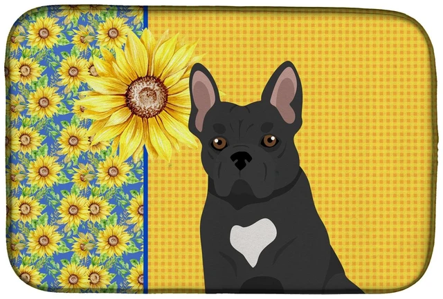 Main image of Summer Sunflowers Black French Bulldog Dish Drying Mat Absorbent Dish Drying Mat Pad for Kitchen Counter Dish Drainer Mat for Co
