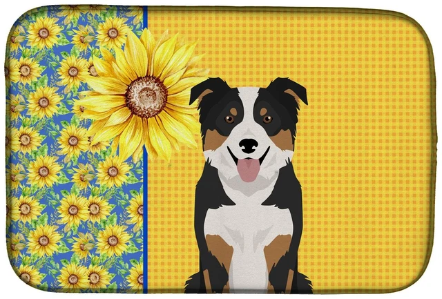 Main image of Summer Sunflowers Tricolor Border Collie Dish Drying Mat Absorbent Dish Drying Mat Pad for Kitchen Counter Dish Drainer Mat for