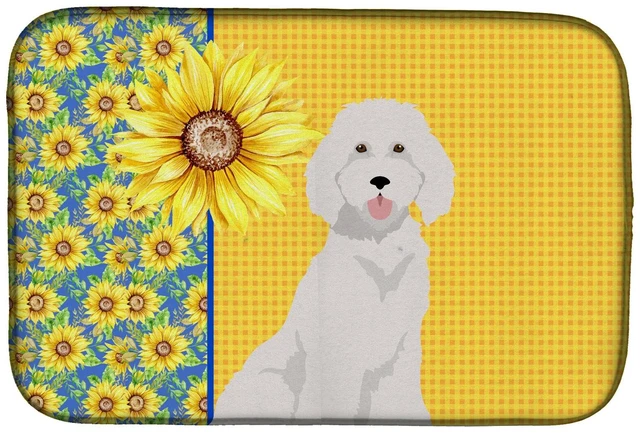 Main image of Summer Sunflowers Standard White Poodle Dish Drying Mat Absorbent Dish Drying Mat Pad for Kitchen Counter Dish Drainer Mat for C