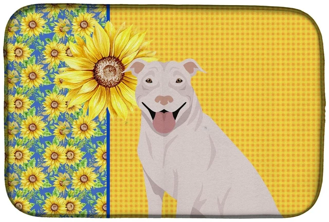 Main image of NEW Summer Sunflowers White Pit Bull Terrier Dish Drying Mat Absorbent Dish Drying Mat Pad for Kitchen Counter Dish Drainer Mat
