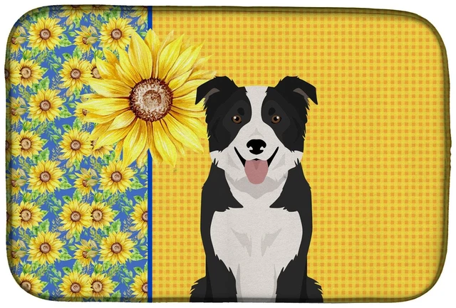 Main image of Summer Sunflowers Black and White Border Collie Dish Drying Mat Absorbent Dish Drying Mat Pad for Kitchen Counter Dish Drainer M