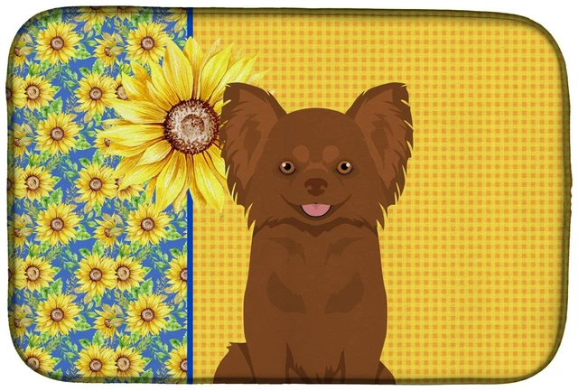 Main image of Summer Sunflowers Longhaired Chocolate Chihuahua Dish Drying Mat Absorbent Dish Drying Mat Pad for Kitchen Counter Dish Drainer