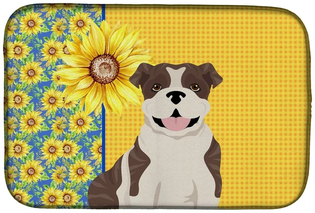 Main image of Summer Sunflowers Brindle English Bulldog Dish Drying Mat Absorbent Dish Drying Mat Pad for Kitchen Counter Dish Drainer Mat for