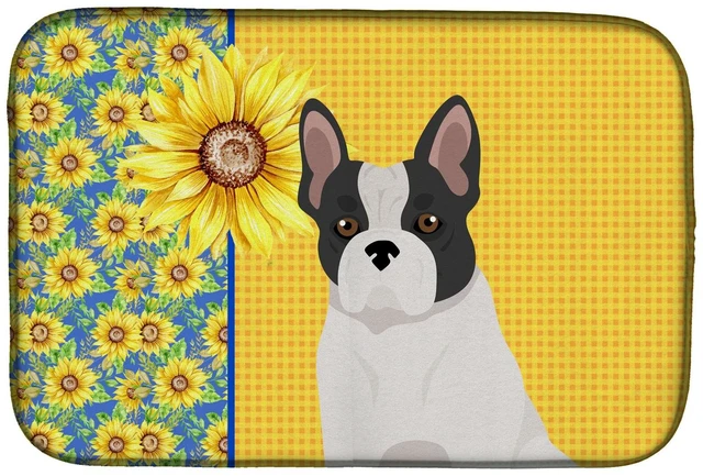 Main image of Summer Sunflowers Black and White French Bulldog Dish Drying Mat Absorbent Dish Drying Mat Pad for Kitchen Counter Dish Drainer