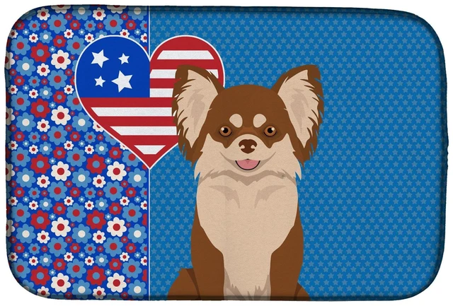 Main image of Longhaired Chocolate and White Chihuahua USA American Dish Drying Mat Absorbent Dish Drying Mat Pad for Kitchen Counter Dish Dra