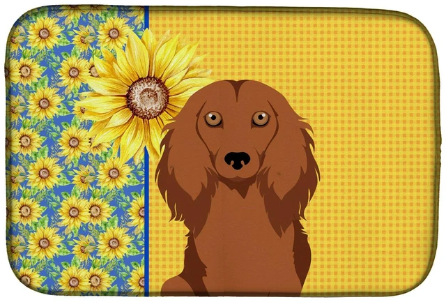 Main image of Summer Sunflowers Longhair Red Dachshund Dish Drying Mat Absorbent Dish Drying Mat Pad for Kitchen Counter Dish Drainer Mat for