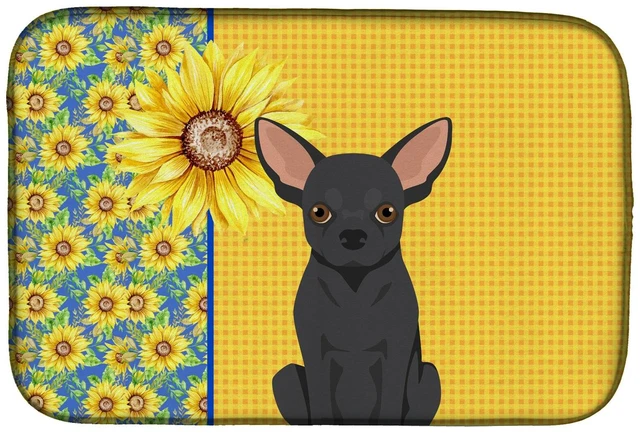 Main image of Summer Sunflowers Black Chihuahua Dish Drying Mat Absorbent Dish Drying Mat Pad for Kitchen Counter Dish Drainer Mat for Counter