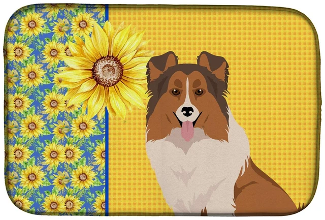 Main image of Summer Sunflowers Sable Sheltie Dish Drying Mat Absorbent Dish Drying Mat Pad for Kitchen Counter Dish Drainer Mat for Counterto