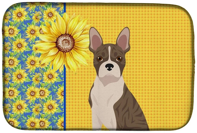 Main image of Summer Sunflowers Brindle Boston Terrier Dish Drying Mat Absorbent Dish Drying Mat Pad for Kitchen Counter Dish Drainer Mat for