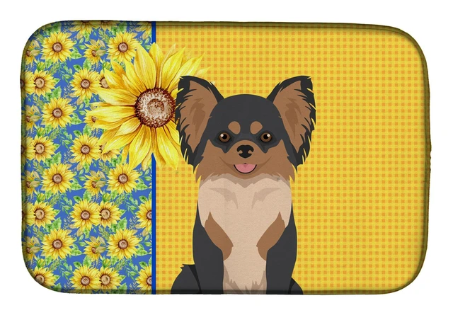 Main image of Summer Sunflowers Longhaired Black and Tan Chihuahua Dish Drying Mat Absorbent Dish Drying Mat Pad for Kitchen Counter Dish Drai