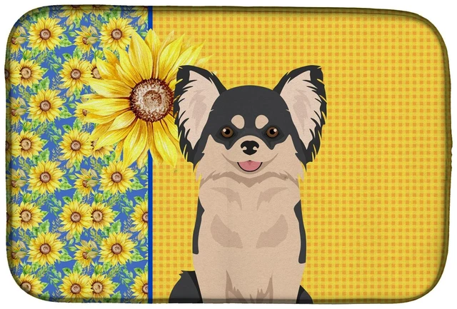 Main image of Summer Sunflowers Longhaired Black and White Chihuahua Dish Drying Mat Absorbent Dish Drying Mat Pad for Kitchen Counter Dish Dr