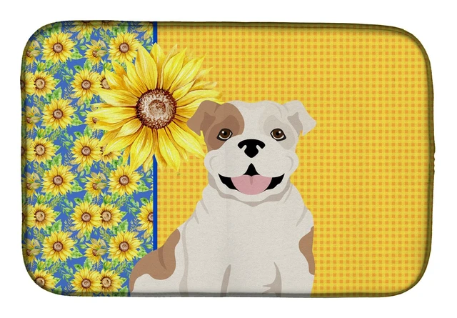 Main image of Summer Sunflowers Piebald English Bulldog Dish Drying Mat Absorbent Dish Drying Mat Pad for Kitchen Counter Dish Drainer Mat for