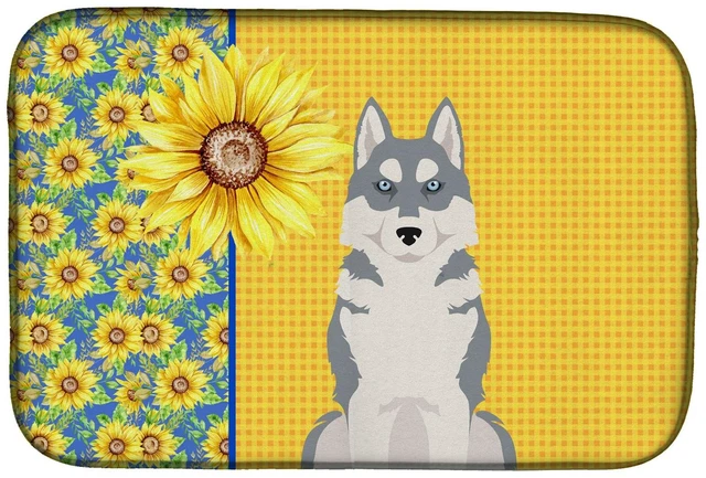 Main image of Summer Sunflowers Grey Siberian Husky Dish Drying Mat Absorbent Dish Drying Mat Pad for Kitchen Counter Dish Drainer Mat for Cou