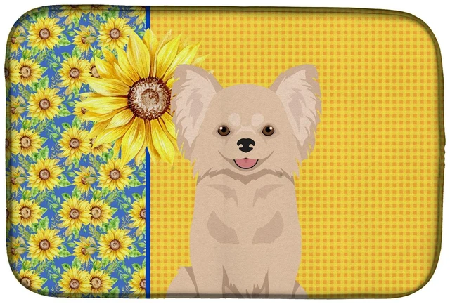 Main image of Summer Sunflowers Longhaired Cream Chihuahua Dish Drying Mat Absorbent Dish Drying Mat Pad for Kitchen Counter Dish Drainer Mat