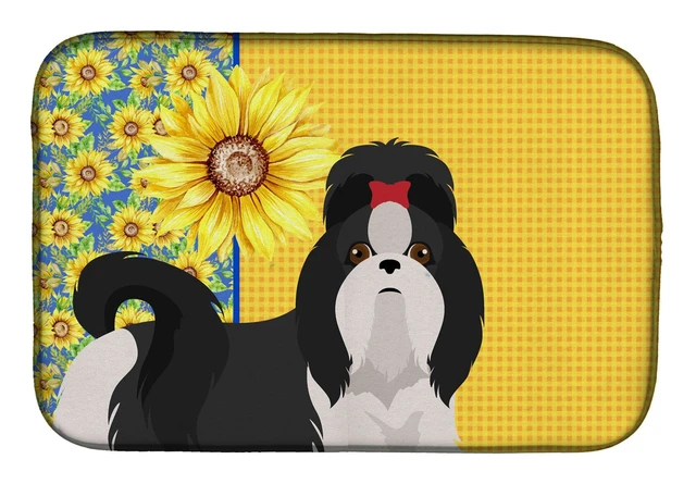 Main image of Summer Sunflowers Black and White Shih Tzu Dish Drying Mat Absorbent Dish Drying Mat Pad for Kitchen Counter Dish Drainer Mat fo