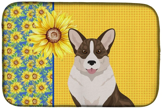 Main image of Summer Sunflowers Brindle Cardigan Corgi Dish Drying Mat Absorbent Dish Drying Mat Pad for Kitchen Counter Dish Drainer Mat for