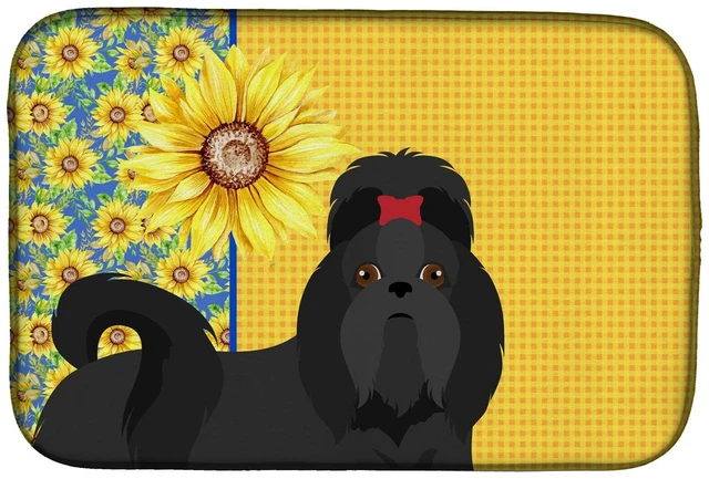 Main image of Summer Sunflowers Black Shih Tzu Dish Drying Mat Absorbent Dish Drying Mat Pad for Kitchen Counter Dish Drainer Mat for Countert