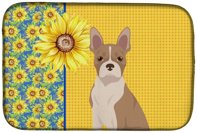 Main image of Summer Sunflowers Fawn Boston Terrier Dish Drying Mat Absorbent Dish Drying Mat Pad for Kitchen Counter Dish Drainer Mat for Cou