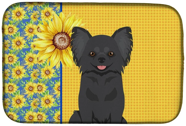 Main image of Summer Sunflowers Longhaired Black Chihuahua Dish Drying Mat Absorbent Dish Drying Mat Pad for Kitchen Counter Dish Drainer Mat