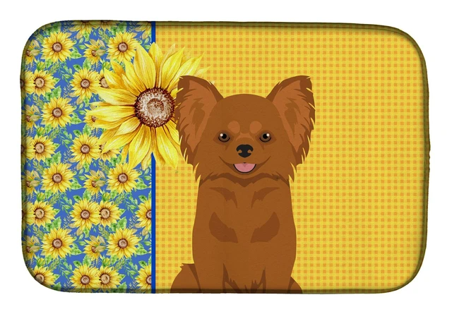 Main image of Summer Sunflowers Longhaired Red Chihuahua Dish Drying Mat Absorbent Dish Drying Mat Pad for Kitchen Counter Dish Drainer Mat fo