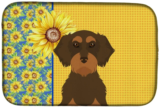 Main image of Summer Sunflowers Wirehair Chocolate and Tan Dachshund Dish Drying Mat Absorbent Dish Drying Mat Pad for Kitchen Counter Dish Dr