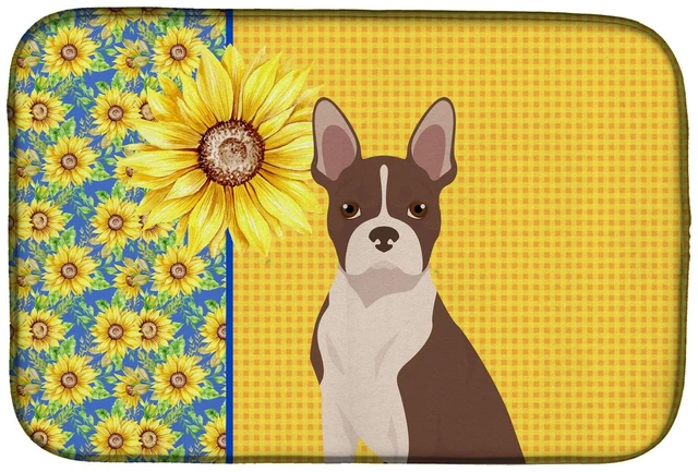 Main image of Summer Sunflowers Red Boston Terrier Dish Drying Mat Absorbent Dish Drying Mat Pad for Kitchen Counter Dish Drainer Mat for Coun