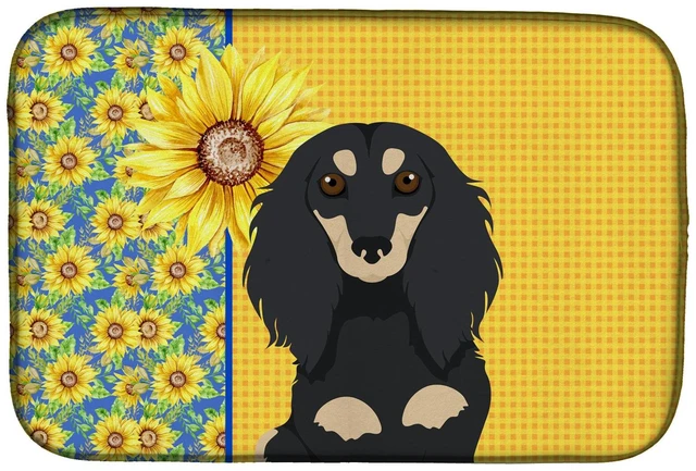 Main image of Summer Sunflowers Longhair Black and Cream Dachshund Dish Drying Mat Absorbent Dish Drying Mat Pad for Kitchen Counter Dish Drai