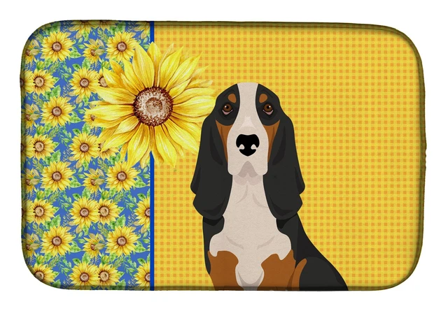 Main image of Summer Sunflowers Black Tricolor Basset Hound Dish Drying Mat Absorbent Dish Drying Mat Pad for Kitchen Counter Dish Drainer Mat