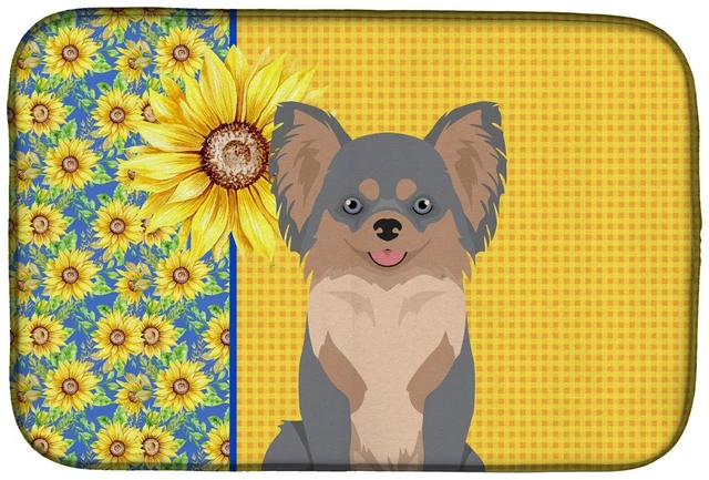 Main image of Summer Sunflowers Longhaired Blue and Tan Chihuahua Dish Drying Mat Absorbent Dish Drying Mat Pad for Kitchen Counter Dish Drain