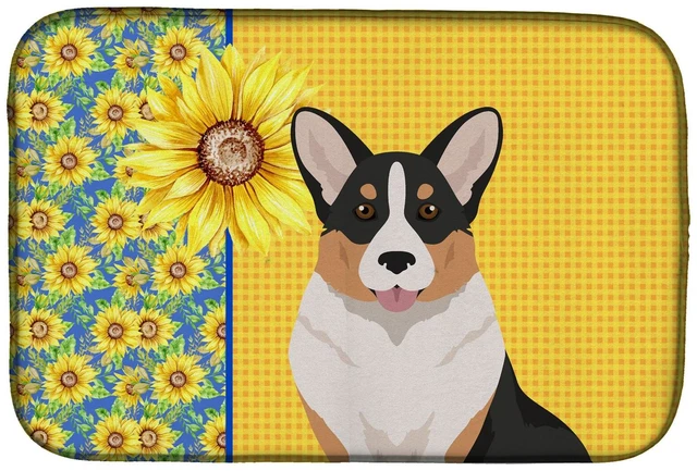Main image of Summer Sunflowers Tricolor Cardigan Corgi Dish Drying Mat Absorbent Dish Drying Mat Pad for Kitchen Counter Dish Drainer Mat for