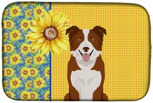 Main image of Summer Sunflowers Red and White Border Collie Dish Drying Mat Absorbent Dish Drying Mat Pad for Kitchen Counter Dish Drainer Mat