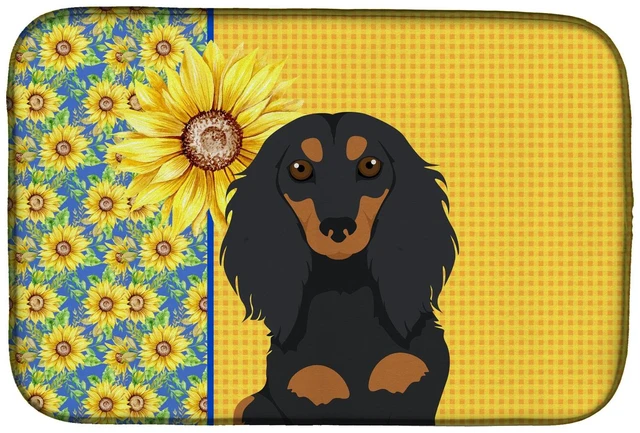 Main image of Summer Sunflowers Longhair Black and Tan Dachshund Dish Drying Mat Absorbent Dish Drying Mat Pad for Kitchen Counter Dish Draine