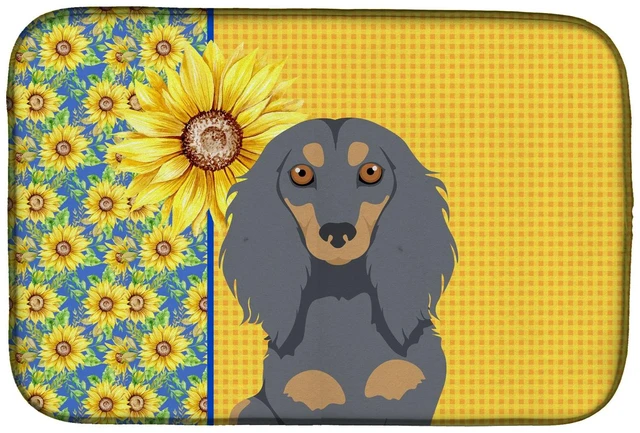 Main image of Summer Sunflowers Longhair Blue and Tan Dachshund Dish Drying Mat Absorbent Dish Drying Mat Pad for Kitchen Counter Dish Drainer