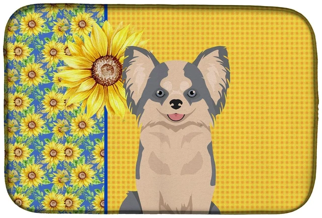 Main image of Summer Sunflowers Longhaired Blue and White Chihuahua Dish Drying Mat Absorbent Dish Drying Mat Pad for Kitchen Counter Dish Dra