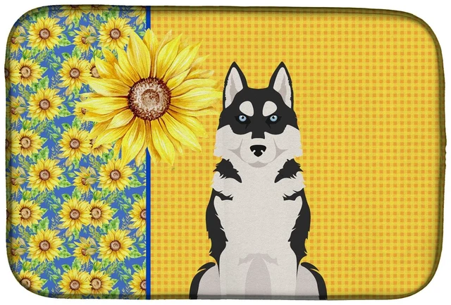 Main image of Summer Sunflowers Black Siberian Husky Dish Drying Mat Absorbent Dish Drying Mat Pad for Kitchen Counter Dish Drainer Mat for Co